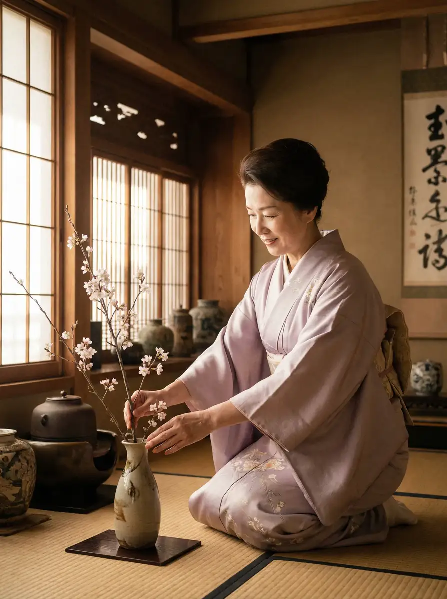 一位优雅的 ob体育平台平台 在和室中插花